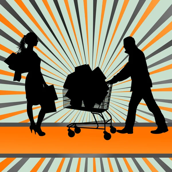 Women with shopping bags and man with shopping cart vector backg — Stock Vector