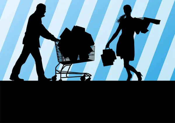 妇女与购物袋和购物满车矢量黑色 — 图库矢量图片