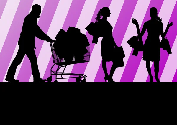 Vrouwen met shopping tassen en man met shopping cart vector backg — Stockvector