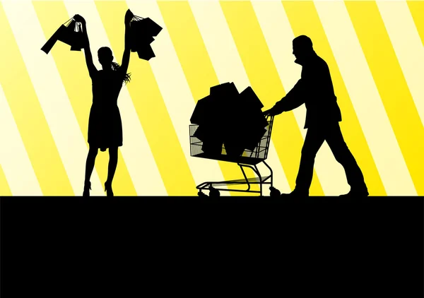 Mulheres com sacos de compras e homem com carrinho de compras vetor backg —  Vetores de Stock