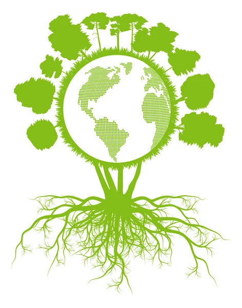 Tree world globe ecology vector background concept with roots — ストックベクタ