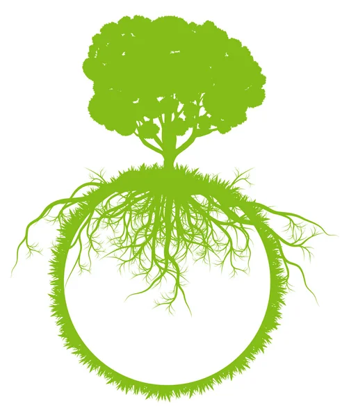 Baum Welt Globus Ökologie Vektor Hintergrundkonzept mit Wurzeln — Stockvektor