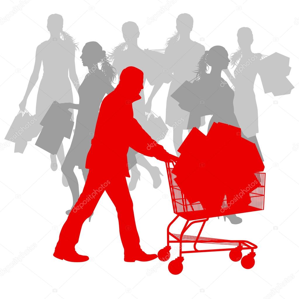 Women with shopping bags and man with shopping cart vector backg