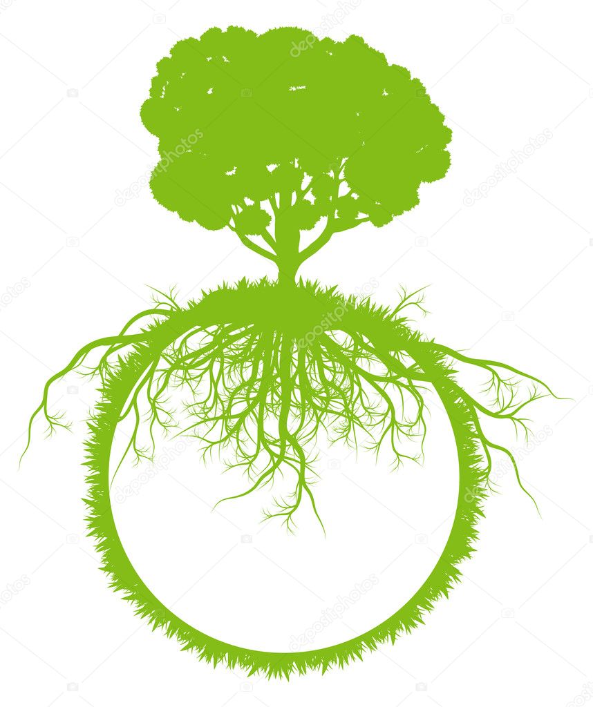 Tree world globe ecology vector background concept with roots