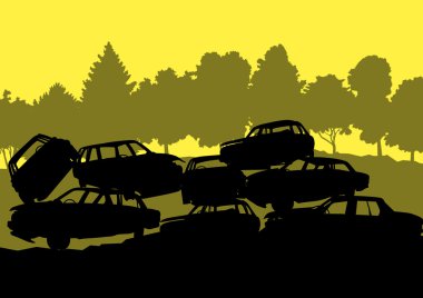 Old used automobile cars metal scrapyard graveyard landscape in  clipart