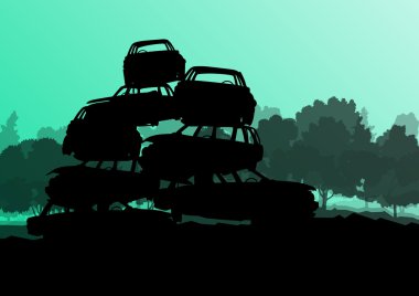 Old used automobile cars metal scrapyard graveyard landscape in  clipart