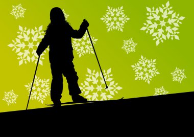 Aktif çocuk spor siluetleri kış buz ve snowf Kayak