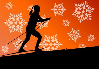 Aktif genç kadın kız Kayak spor siluet kış buz bir
