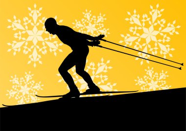 Aktif genç adam Kayak spor siluet kış buz ve snowf