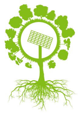 Ecology environmental green tree with roots and solar panel symb clipart