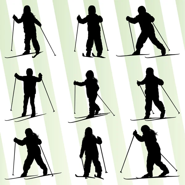 Aktiva barn, unge skidåkning som sport silhuett vektor ba — Stock vektor