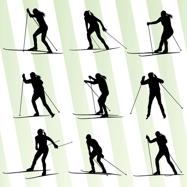 活跃的年轻女子滑雪设置运动剪影矢量背景 — 图库矢量图片