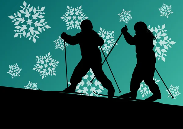 Actieve kinderen skiën sport silhouetten in de winter-ijs en snowf — Stockvector