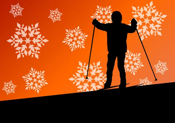 Actieve kinderen skiën sport silhouetten in de winter-ijs en snowf — Stockvector