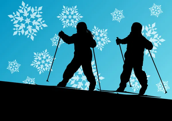 Crianças ativas esquiando silhuetas esportivas no inverno gelo e neve — Vetor de Stock
