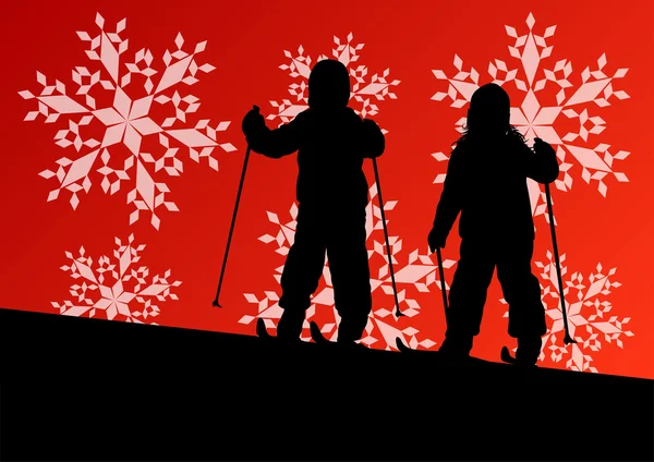 Crianças ativas esquiando silhuetas esportivas no inverno gelo e neve —  Vetores de Stock