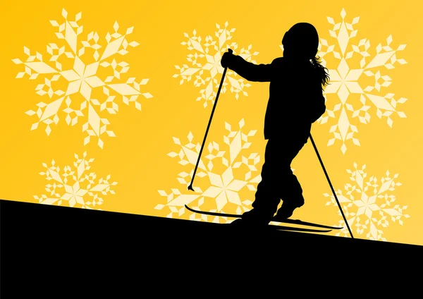 活泼的孩子，滑雪运动在冬季冰和 snowf 中的剪影 — 图库矢量图片