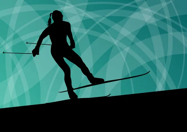 Aktywna kobieta młoda dziewczyna narty sport sylwetka w zimy lód — Wektor stockowy