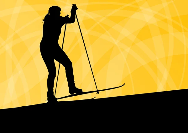 Actieve jonge vrouw meisje skiën sport silhouet in winter ijs een — Stockvector