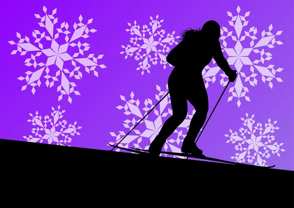 Active young woman girl skiing sport silhouette in winter ice an — Stock Vector