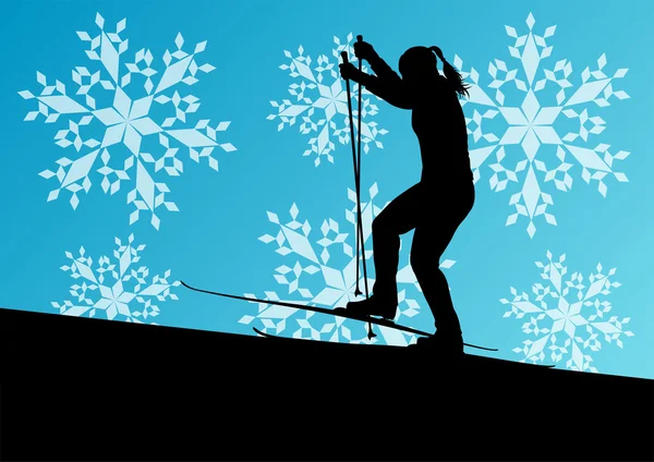 Active young woman girl skiing sport silhouette in winter ice an — Stock Vector