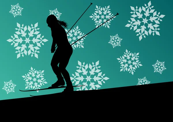 冬の氷でアクティブな若い女性女の子のスキー スポーツのシルエット、 — ストックベクタ