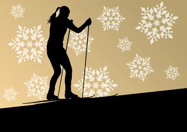 Aktivní mladá žena dívka lyžování sportovní silueta v zimě ledu — Stockový vektor