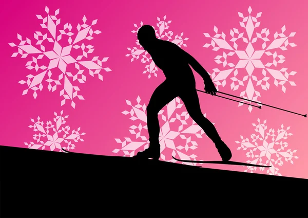 Active young man skiing sport silhouette in winter ice and snowf — Stock Vector