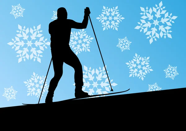 Силуэт активного юноши на лыжах в зимнем льду и снегу — стоковый вектор