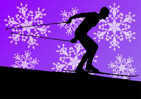 Active young man skiing sport silhouette in winter ice and snowf — Stock Vector