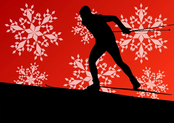 Active young man skiing sport silhouette in winter ice and snowf — Stock Vector