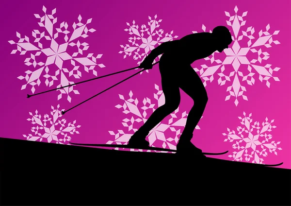Joven activo esquiando silueta deportiva en invierno hielo y nieve — Vector de stock