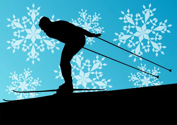 Active young man skiing sport silhouette in winter ice and snowf