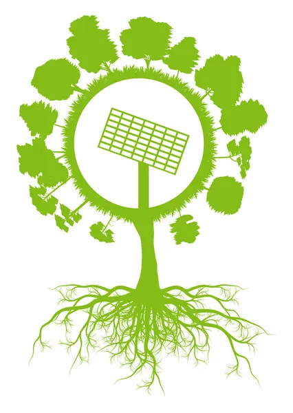 Ecología árbol verde ambiental con raíces y panel solar symb — Vector de stock