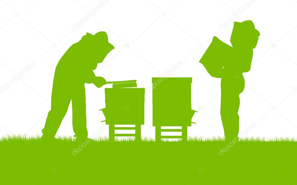 Beekeepers working in apiary vector background ecology concept c