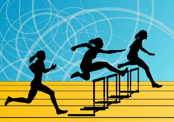 Active women girl sport athletics hurdles barrier running silhou — Stock Vector