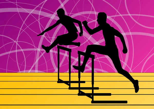 Active men sport athletics hurdles barrier running silhouettes i — Stock Vector