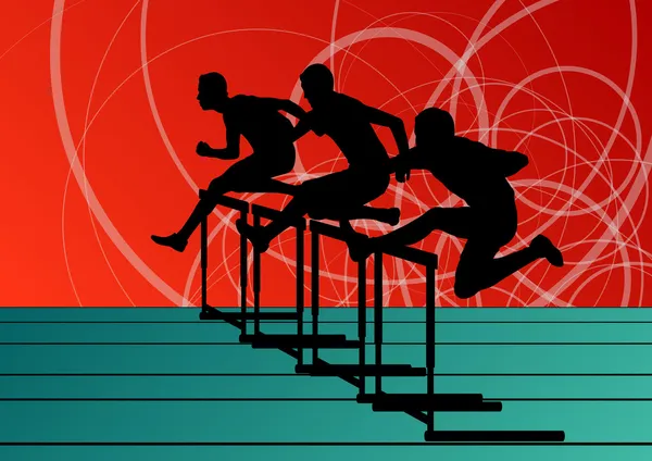 Hombres activos deporte atletismo obstáculos barrera corriendo siluetas i — Vector de stock