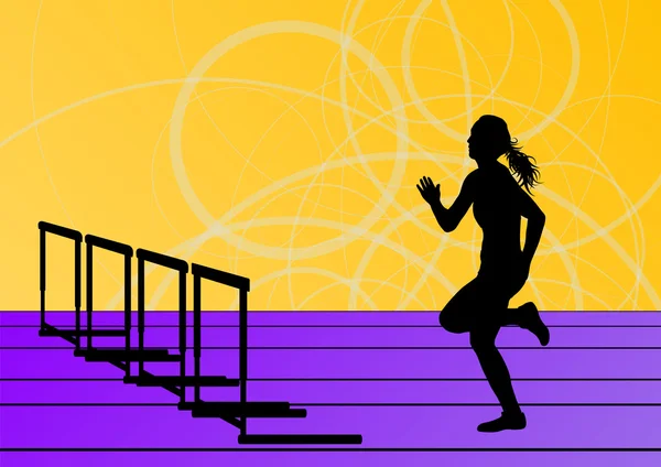 Mulheres ativas esporte menina atletismo barreiras barreira correndo silhou — Vetor de Stock