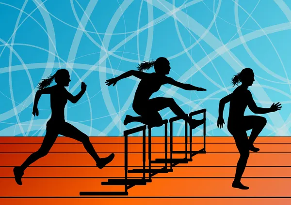 Mujeres activas chica deporte atletismo obstáculos barrera correr silhou — Vector de stock