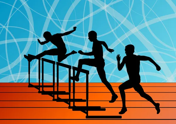 Active men sport athletics hurdles barrier running silhouettes i — Stock Vector