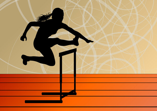 Active women girl sport athletics hurdles barrier running silhou