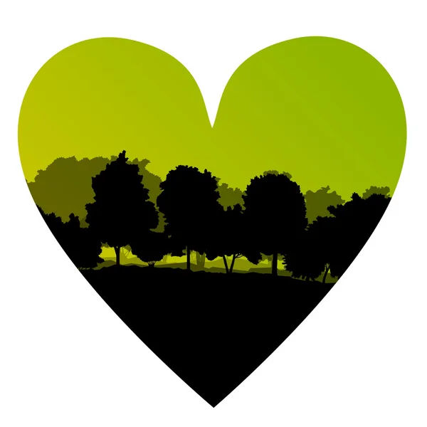 Bosque árbol amor romántico salvaje corazón forma concepto paisaje bac — Vector de stock