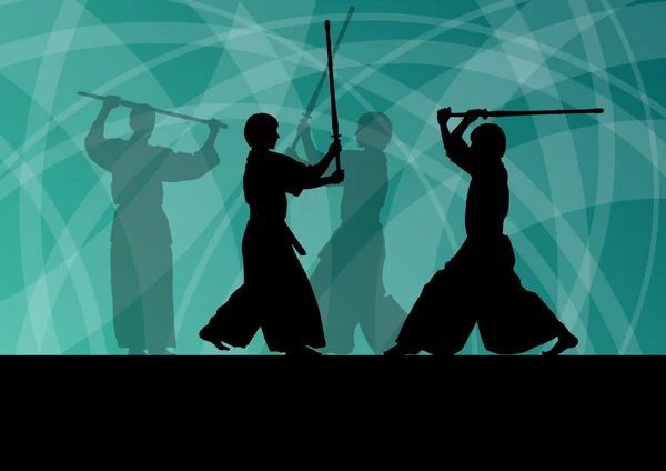 Actieve Japanse kendo zwaard martial arts fighters sport silhouet — Stockvector