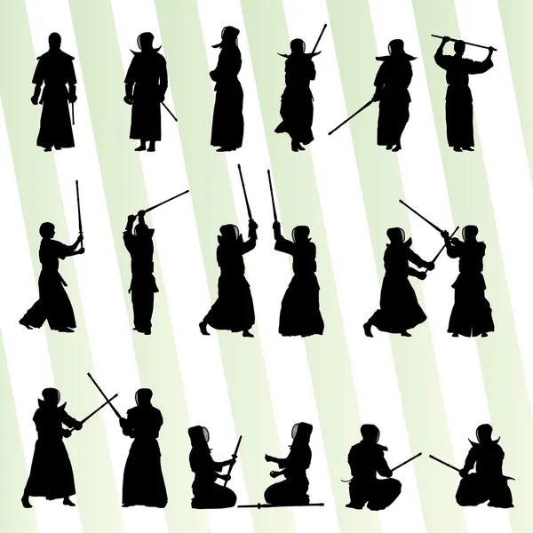 Active japanese Kendo sword martial arts fighters sport silhouet — Stock Vector