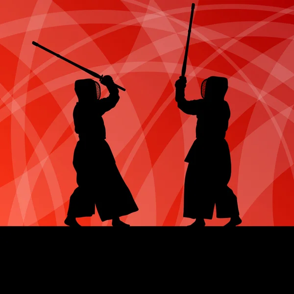 Active japanese kendo sword martial arts fighters sport silhouet — Stock Vector