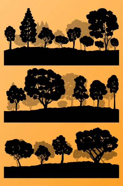 Bosque árboles siluetas paisaje ilustración colección backg — Vector de stock