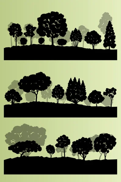 Силуэты лесных деревьев Коллекция пейзажных иллюстраций — стоковый вектор