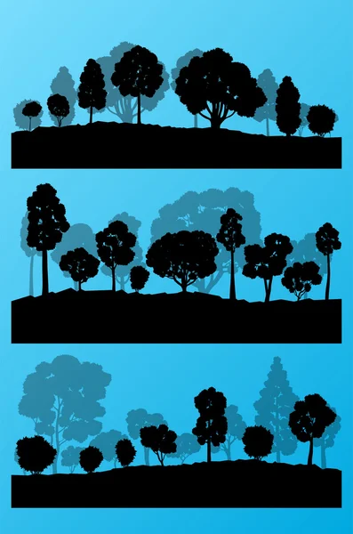 Wald Bäume Silhouetten Landschaft Illustration Sammlung Backg — Stockvektor