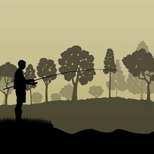 Pêcheur, pêcheur vecteur arrière-plan paysage concept avec des arbres — Image vectorielle